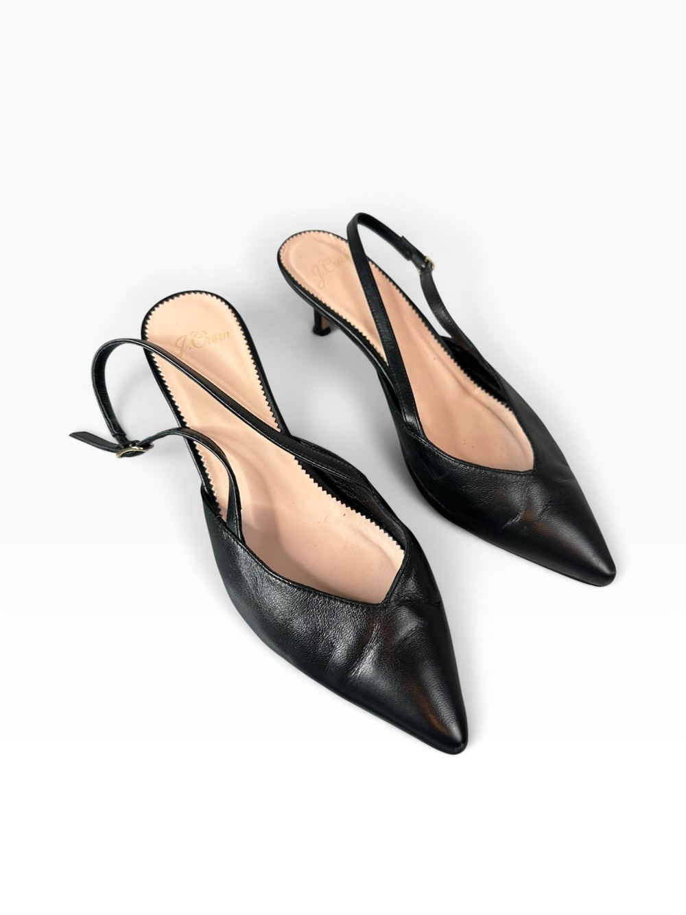J.Crew Black Leather Pointed Toe Slingback Kitten Heels Pumps Size 7.5